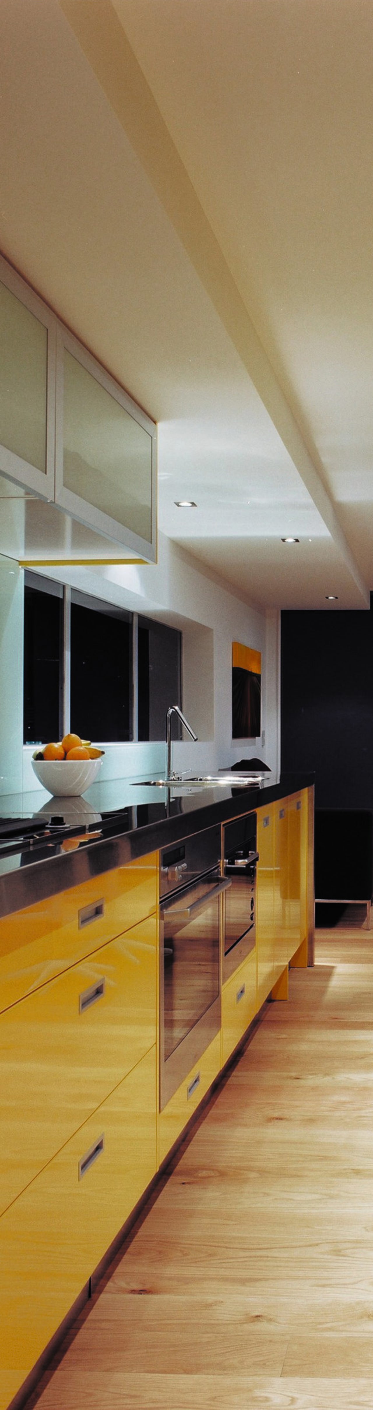 Kitchen with yellow cabinetry and stainless steel benchtop architecture, cabinetry, ceiling, countertop, daylighting, floor, flooring, hardwood, house, interior design, kitchen, laminate flooring, room, wood, wood flooring, brown, orange