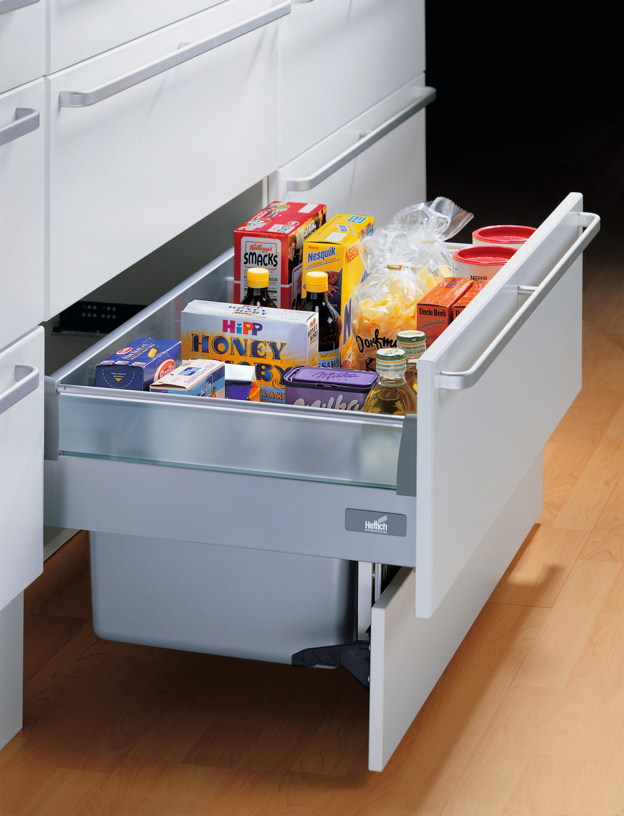 this drawer uses space behind the toekick to drawer, furniture, product, table, gray