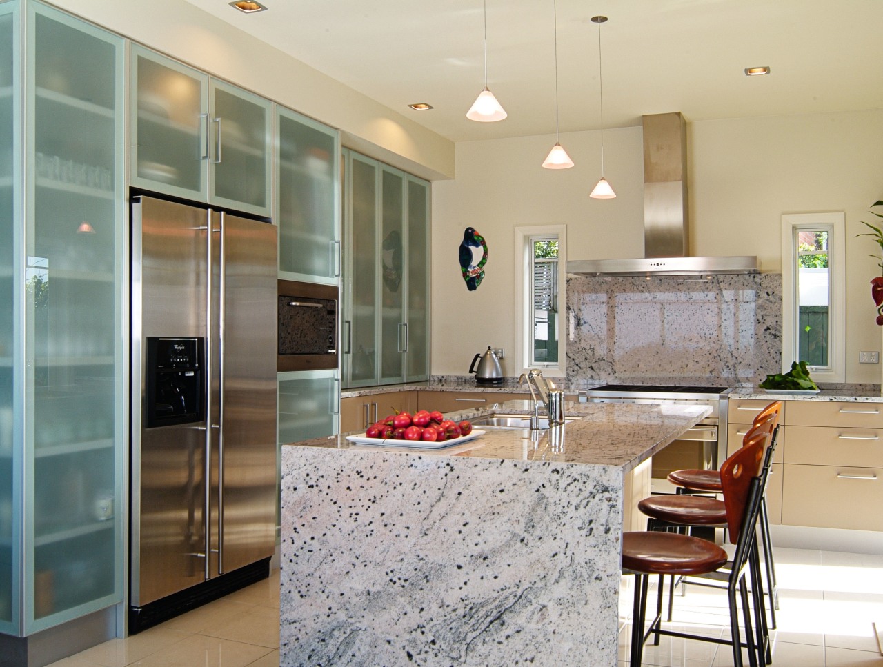 Kitchen with granite type benchtop and island, bar cabinetry, countertop, cuisine classique, floor, interior design, kitchen, living room, real estate, room, gray