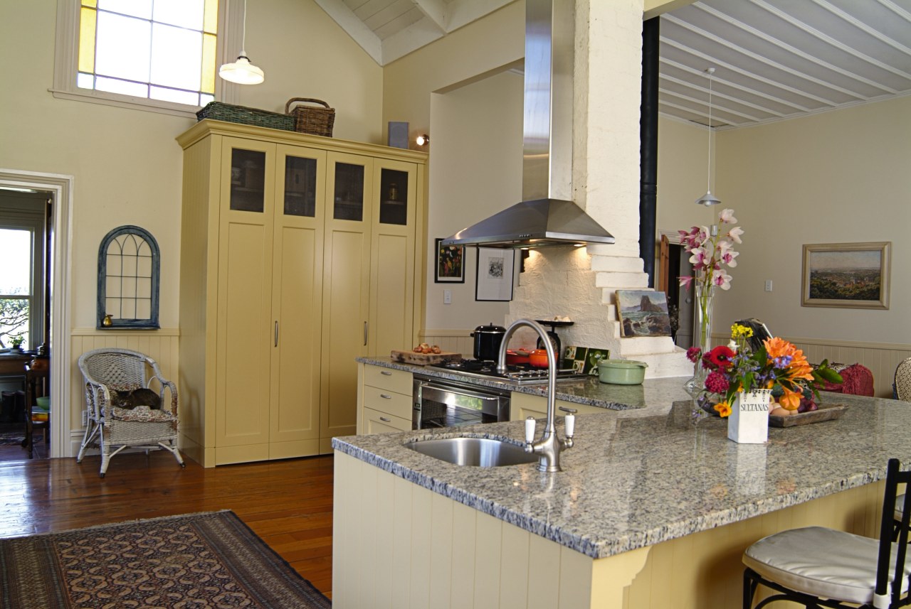 Country-style open plan kitchen with grey marble benchtop, countertop, cuisine classique, home, home appliance, interior design, kitchen, real estate, room, gray, brown