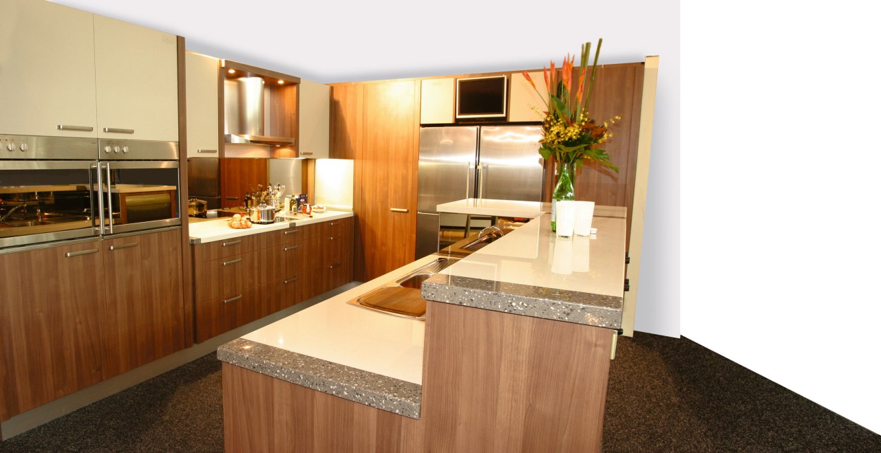 view of this kitchen showing stainless steel appliances, cabinetry, countertop, interior design, kitchen, real estate, room, white, brown