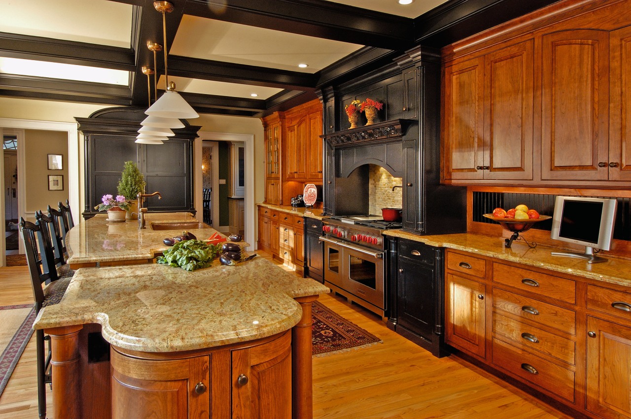 View of a kitchen, wooden flooring, wooden cabinetry, cabinetry, countertop, cuisine classique, flooring, hardwood, interior design, kitchen, room, brown