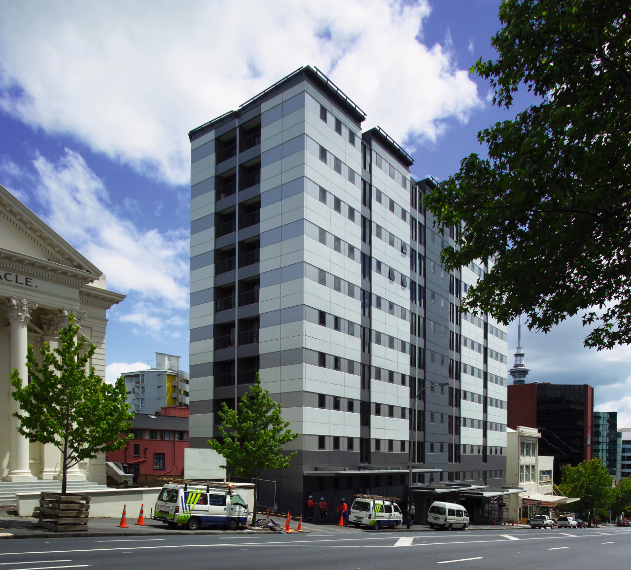 Exterior view of apartment building with grey and apartment, architecture, building, city, commercial building, condominium, corporate headquarters, daytime, downtown, facade, headquarters, house, metropolis, metropolitan area, mixed use, neighbourhood, property, real estate, residential area, skyscraper, tower block, black, white