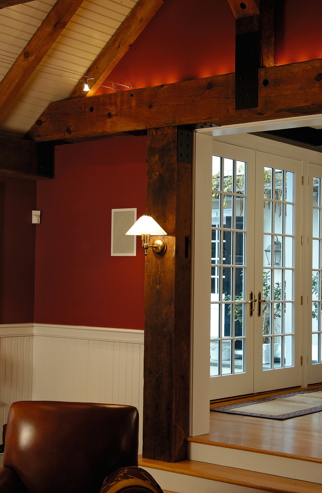 View of the living area, large wooden beams architecture, beam, ceiling, daylighting, door, home, house, interior design, lighting, wall, window, wood, brown, red