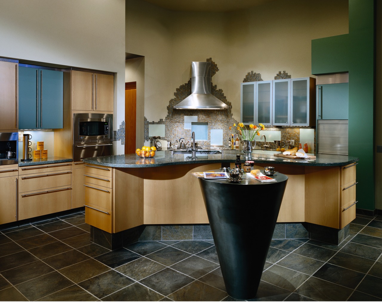 view of the kitchen showing custom cabinetry, marble cabinetry, countertop, cuisine classique, flooring, interior design, kitchen, room, brown