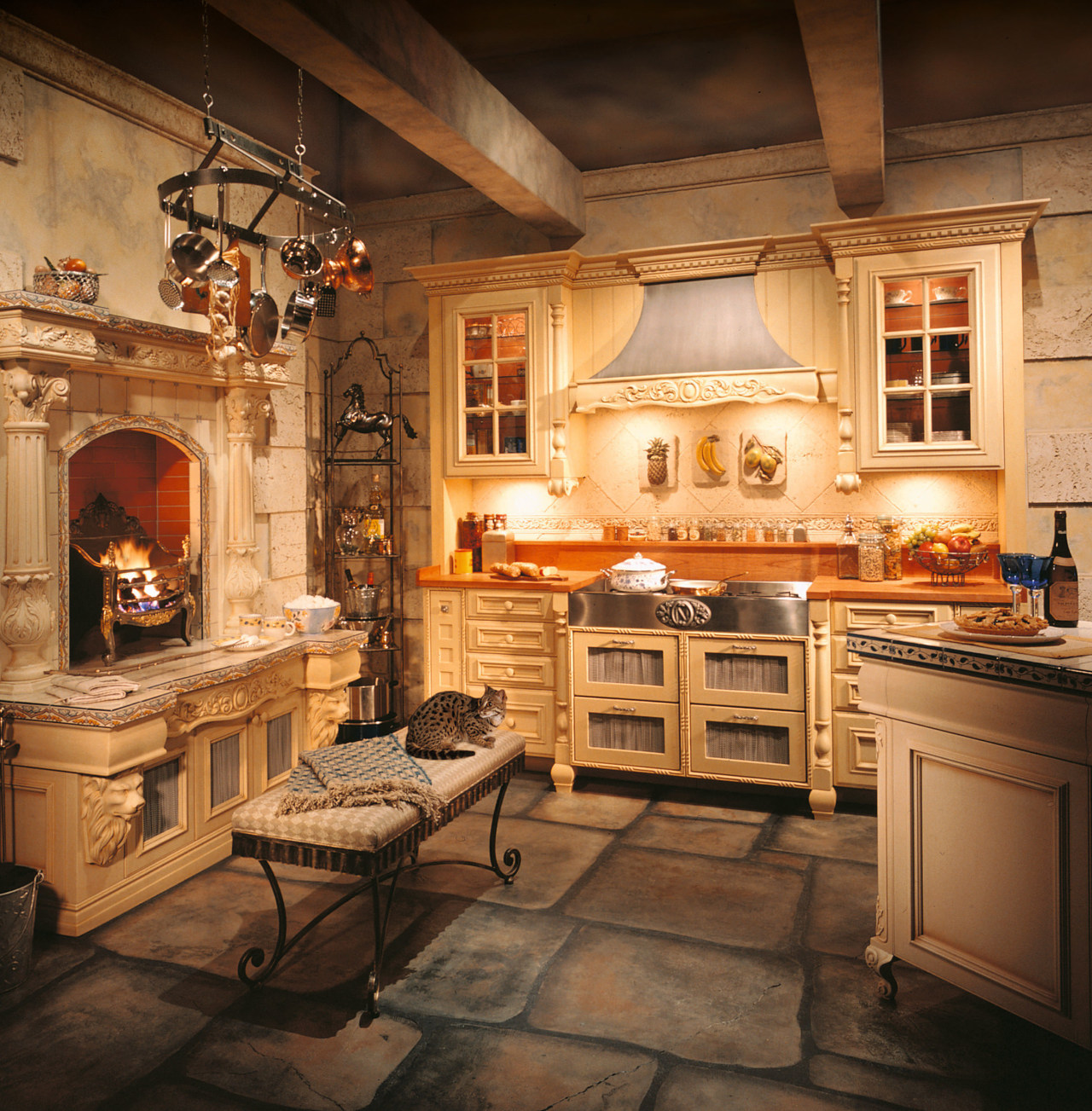 view of this traditional european kitchen cabinetry, countertop, cuisine classique, hearth, home appliance, interior design, kitchen, masonry oven, room, brown, orange