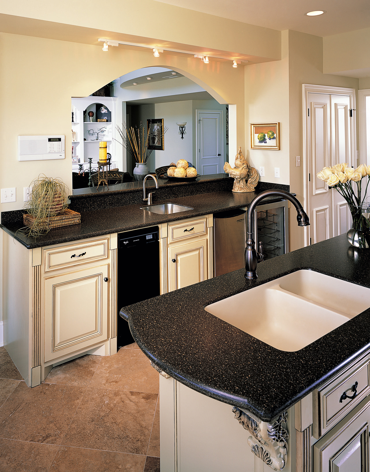 view of the hi macs kitchen benchtop cabinetry, countertop, cuisine classique, floor, flooring, home, interior design, kitchen, room, white