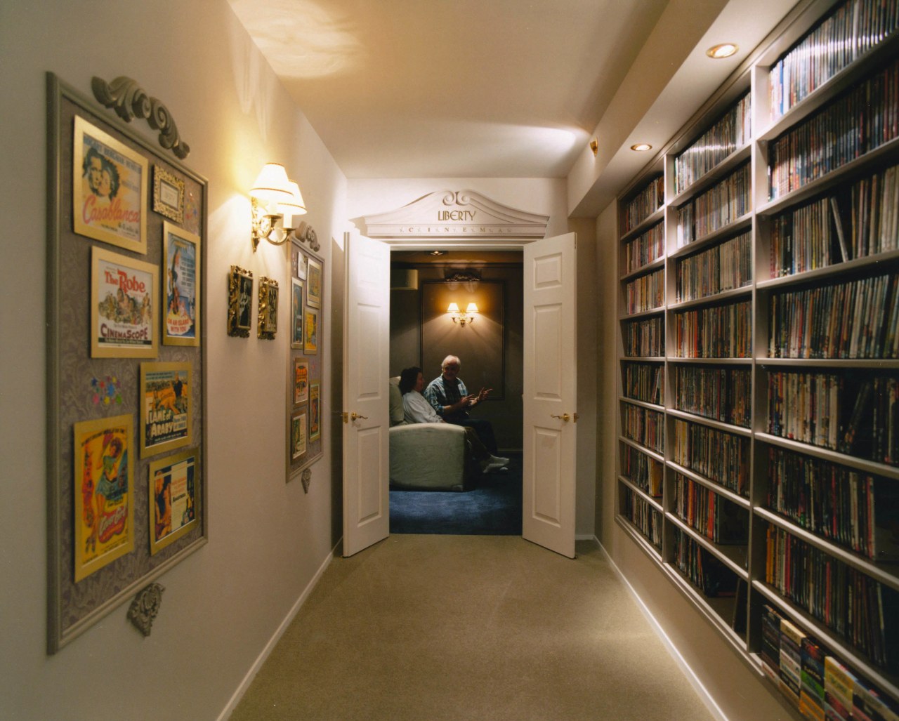 View of a home theatre and lobby, large ceiling, interior design, brown