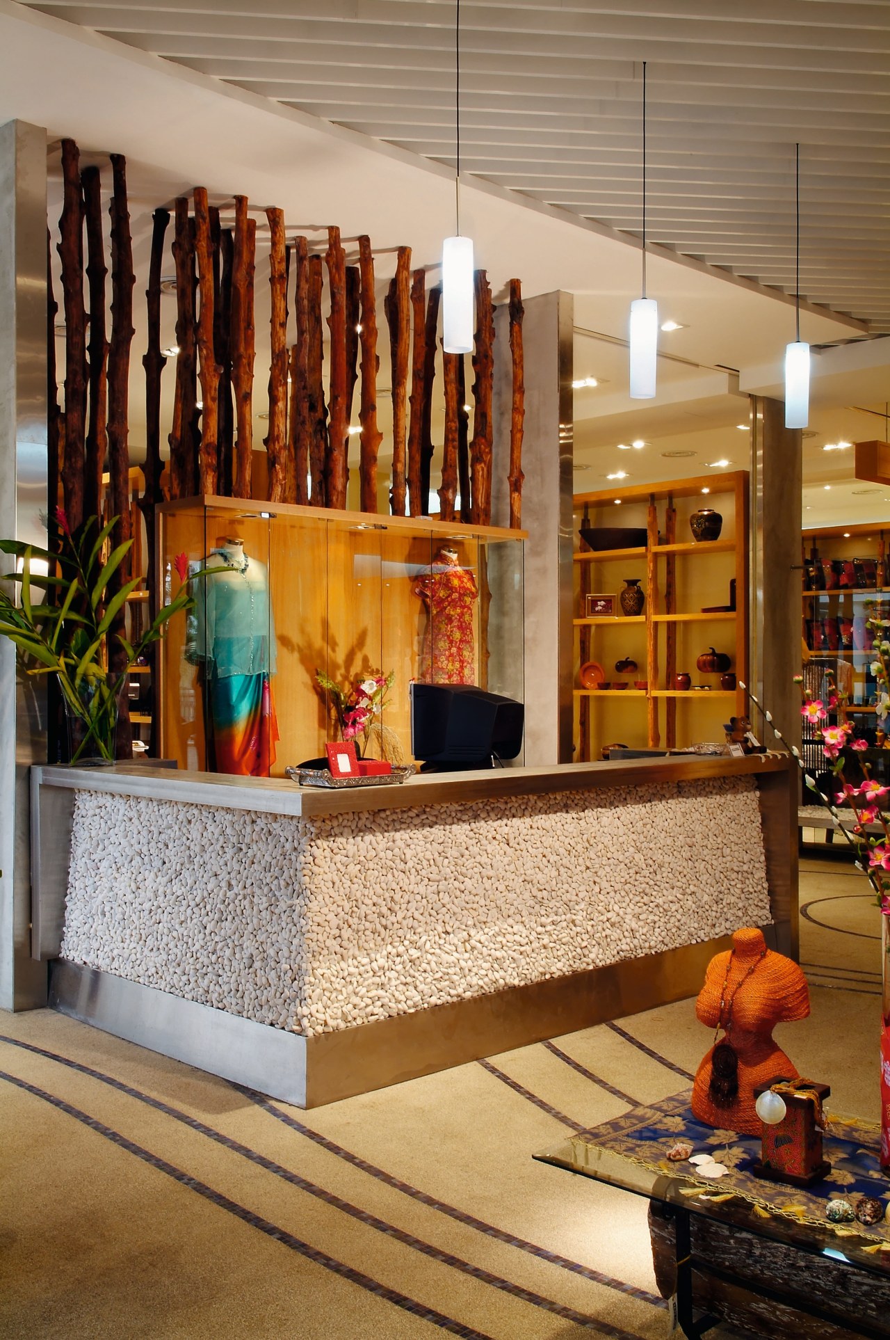 View of the stainless steel and pebbled reception boutique, furniture, interior design, lobby, brown, orange