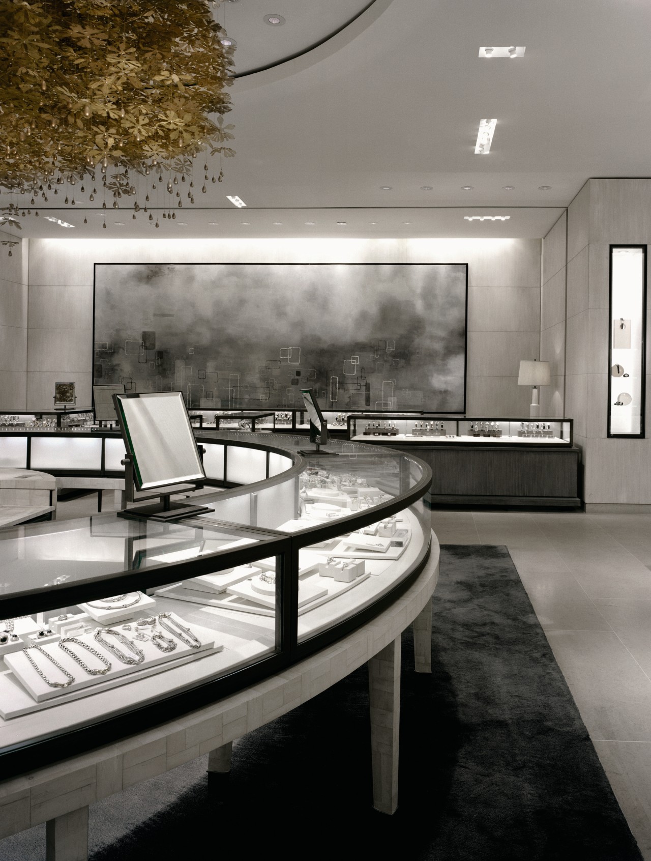 view of a spectacular gold ceiling and museum architecture, black and white, floor, furniture, interior design, monochrome, table, gray, black