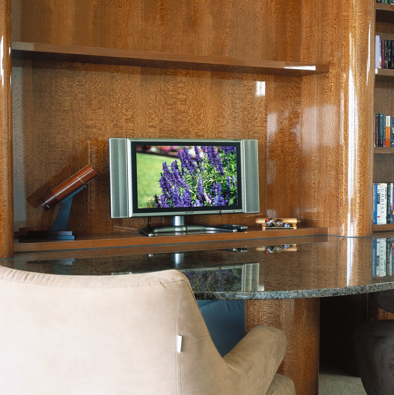view of the plasma flat screen tv desk, furniture, home, interior design, shelving, table, wall, wood, brown