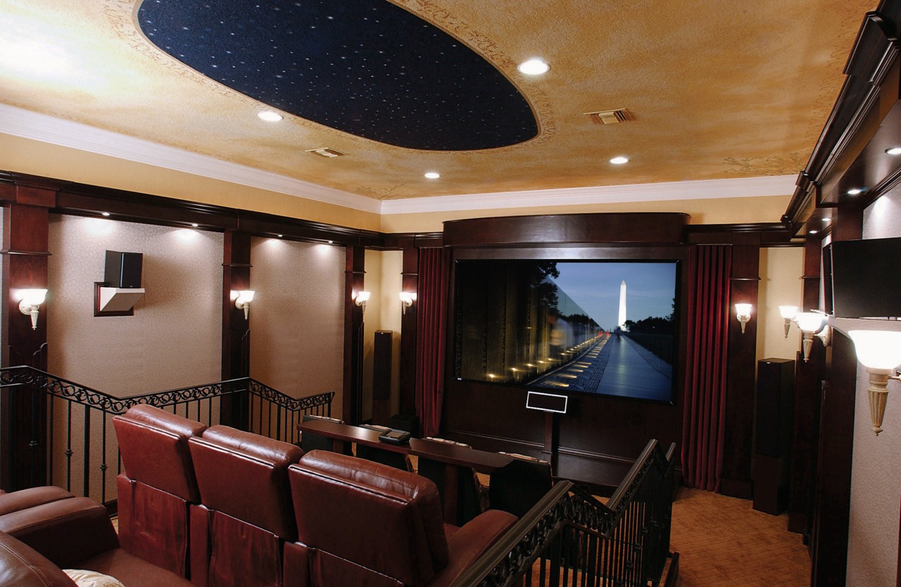 View of a family home theatre, red leather ceiling, entertainment, interior design, room, black