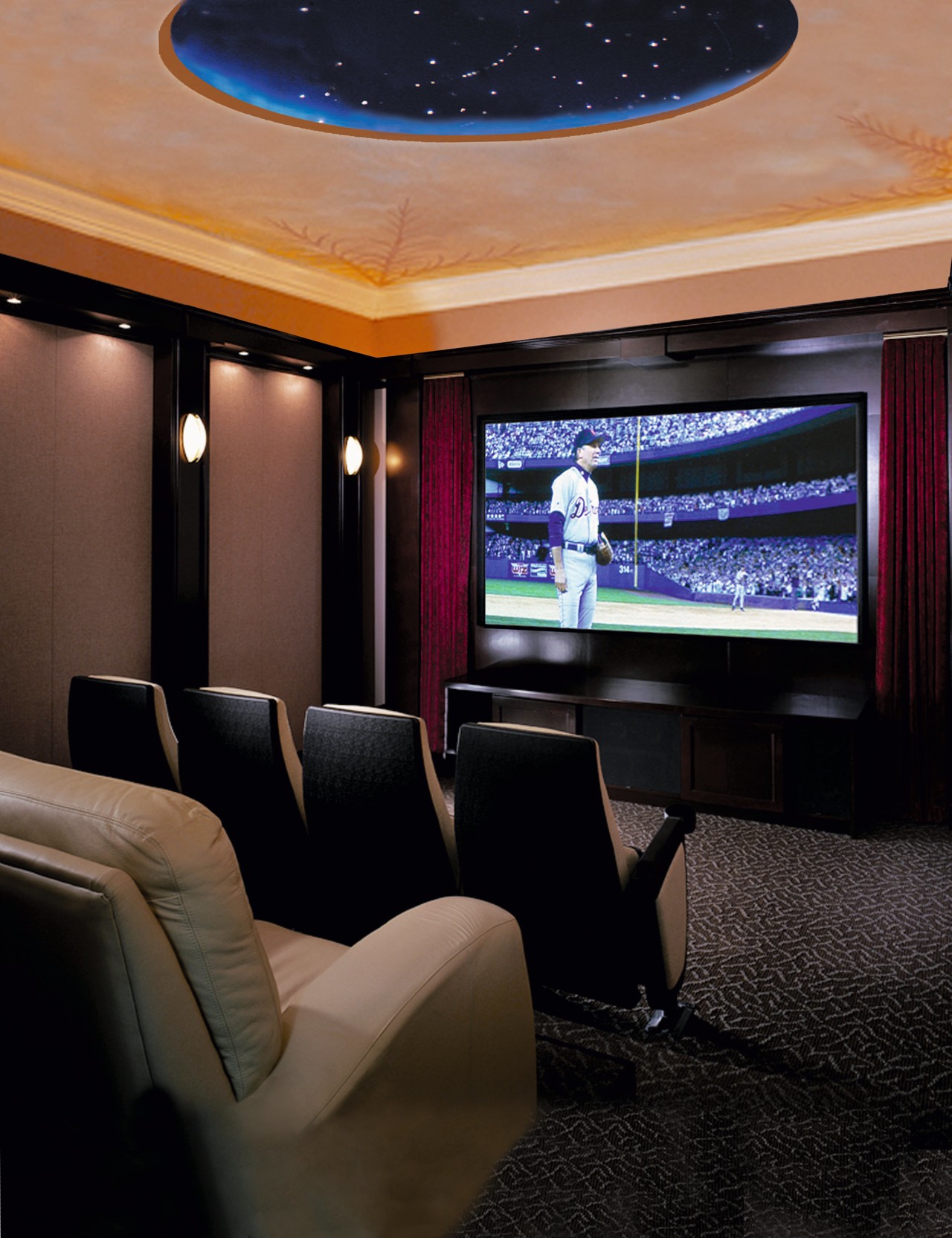 View of a family home theatre, black carpet, ceiling, display device, interior design, lighting, room, black