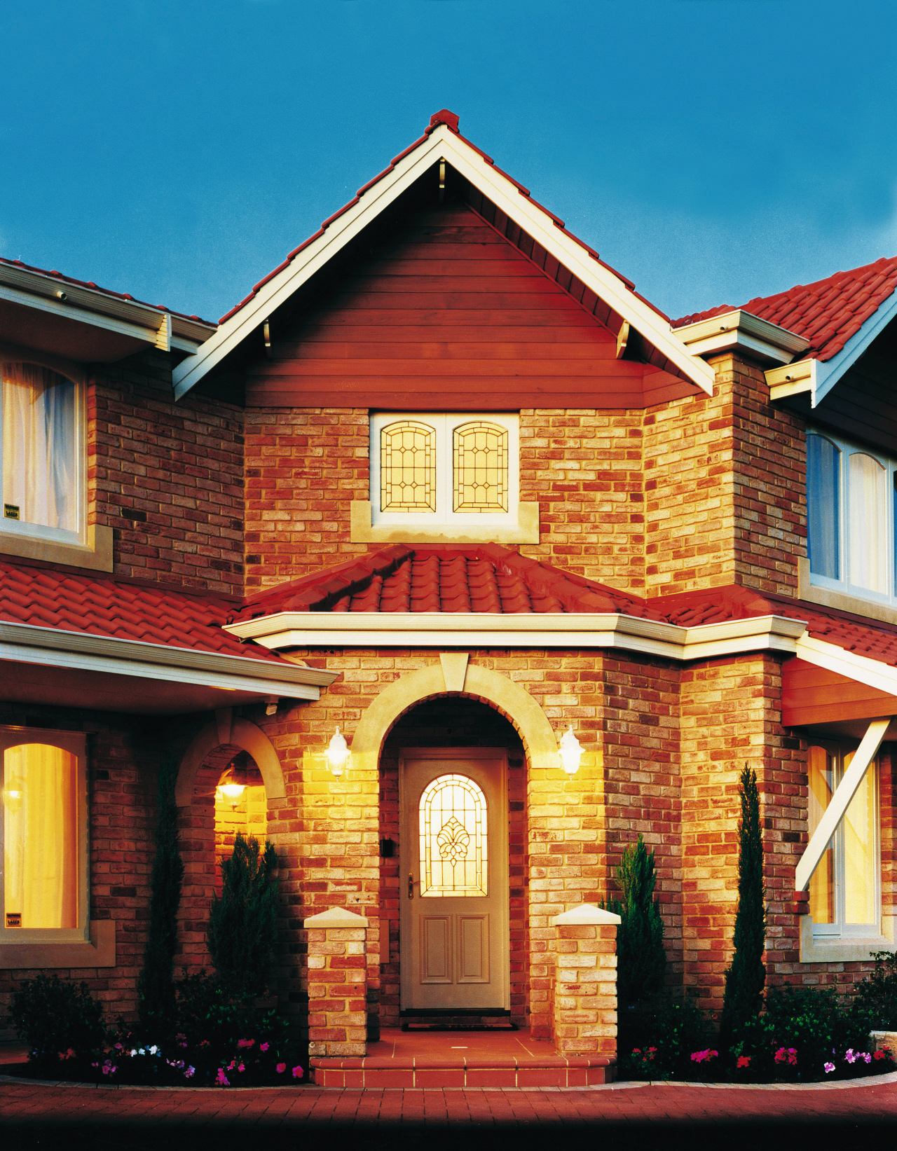 Exterior view of two-storey red brick home with brick, building, estate, facade, historic house, home, house, mansion, property, real estate, residential area, roof, siding, window, red