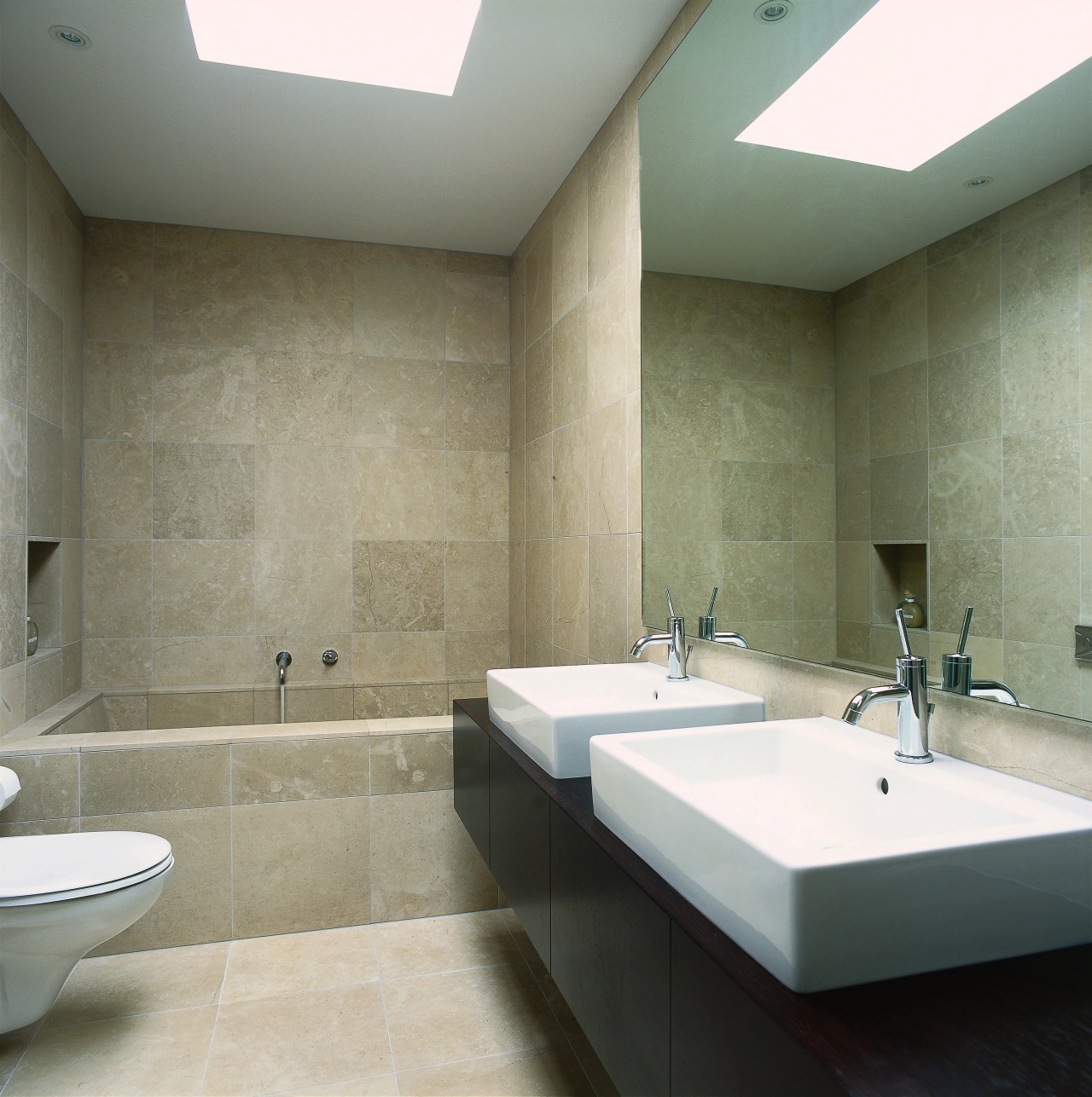 view of the bathroom showing tiled walls/flooring , architecture, bathroom, ceiling, daylighting, floor, flooring, interior design, property, room, tile, wall, gray