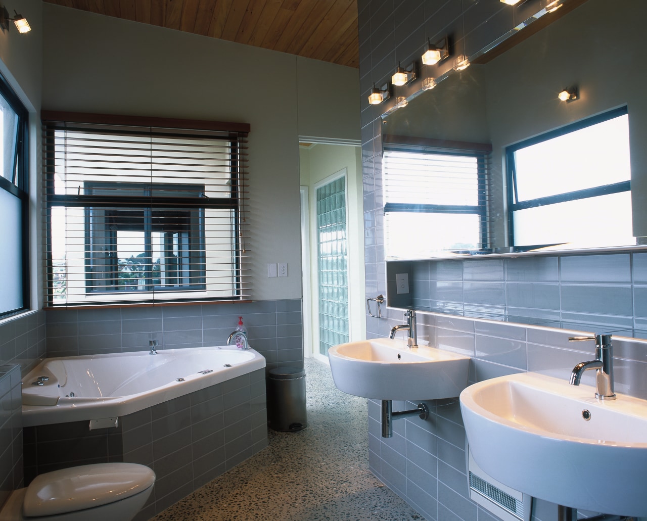 Bathroom with large mirror, grey tiles, twin white architecture, bathroom, estate, home, interior design, real estate, room, window, black, gray