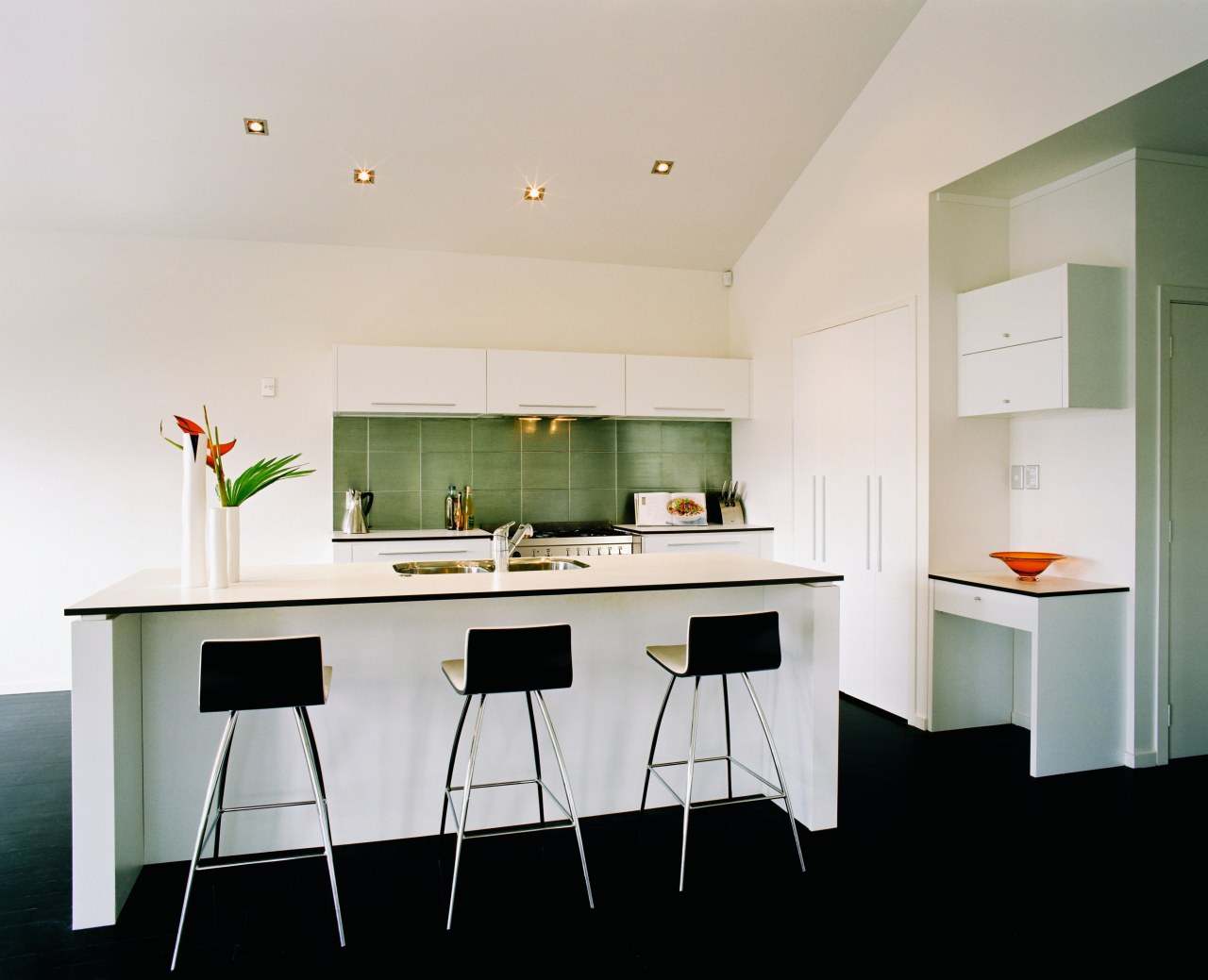 view of the minimalist kitchen with smeg appliances architecture, cabinetry, countertop, furniture, home, house, interior design, kitchen, product design, real estate, room, table, gray