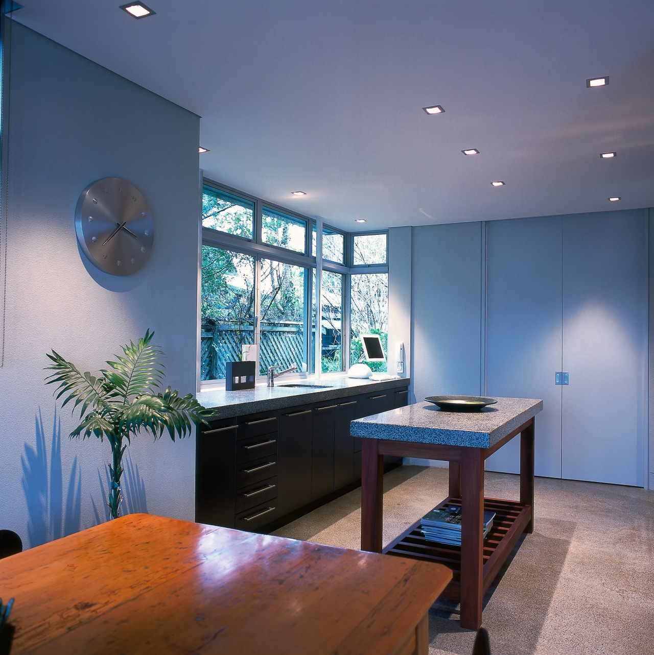 View of a kitchen area, grey textured wall, architecture, ceiling, home, house, interior design, real estate, room, table, blue