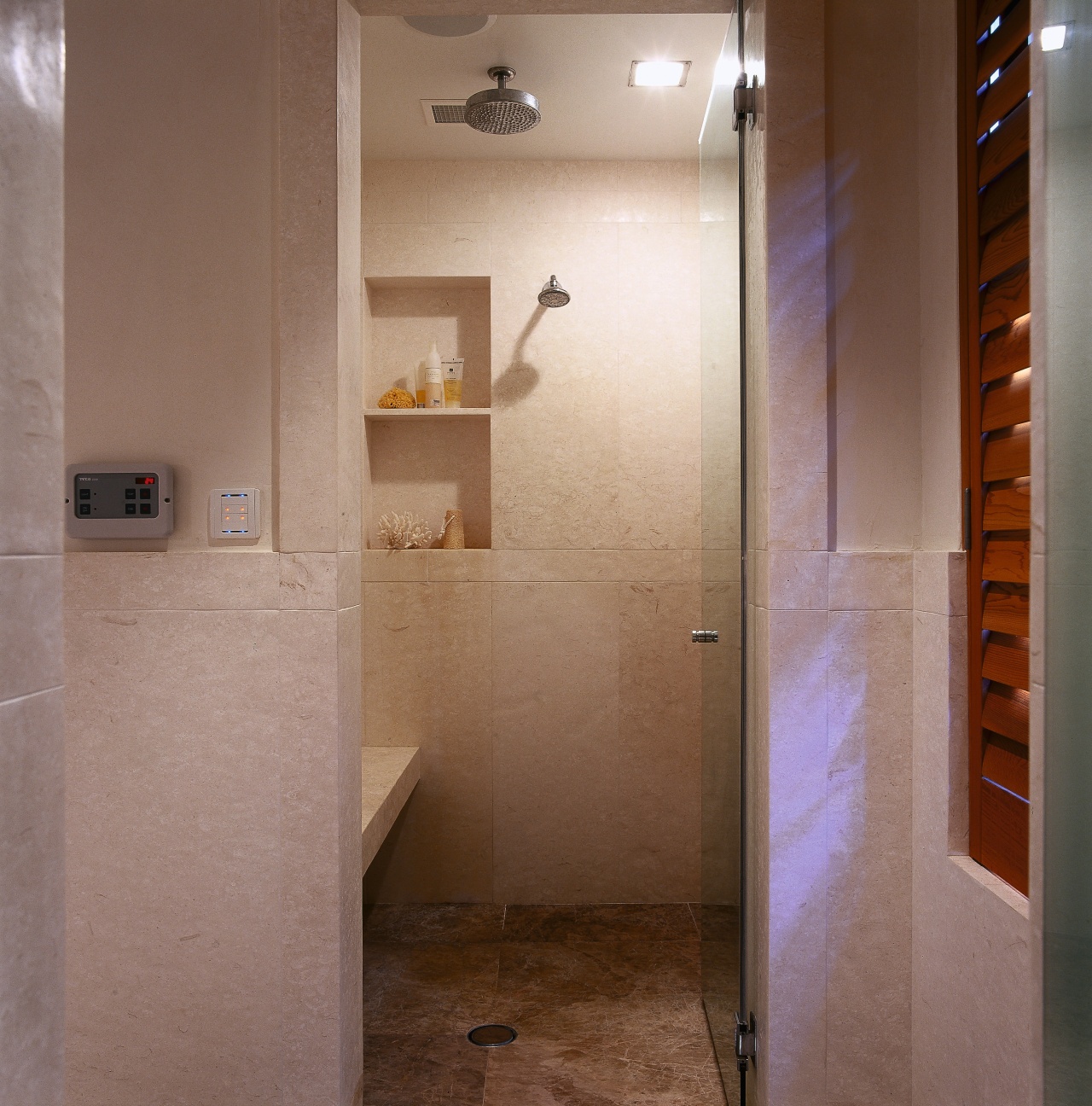 view of the shower stall that also doubles bathroom, ceiling, floor, flooring, interior design, plumbing fixture, room, tile, wall, brown, gray