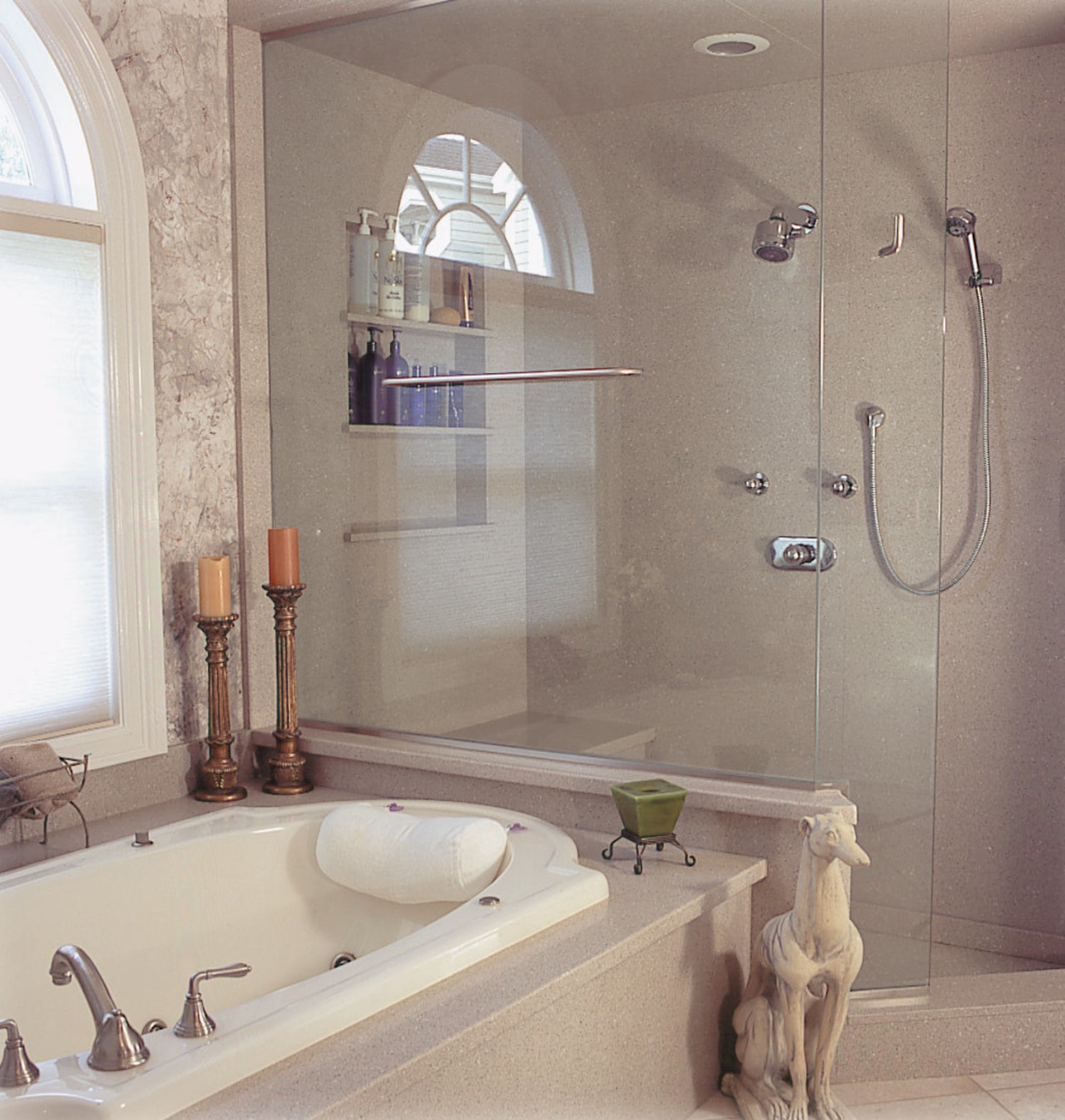 view of the bath with a silestone surround bathroom, bathtub, floor, interior design, plumbing fixture, room, tap, tile, wall, window, gray