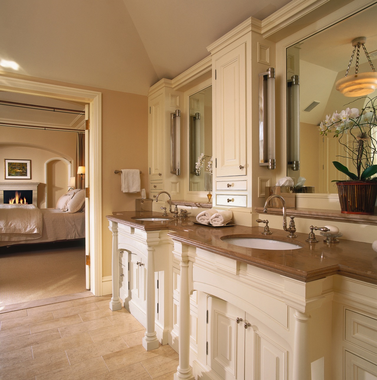 View of twin bathroom basins and cabinets, limestone cabinetry, countertop, cuisine classique, estate, floor, flooring, home, interior design, kitchen, real estate, room, window, brown, orange