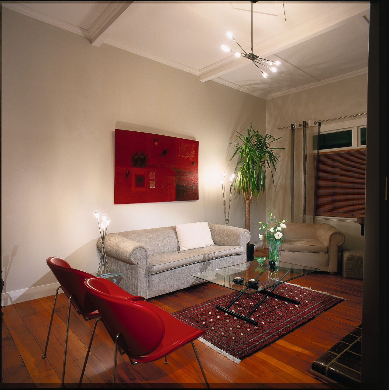 view of the Bix light fitting ceiling, couch, floor, home, interior design, lighting, living room, real estate, room, table, wall, brown, gray