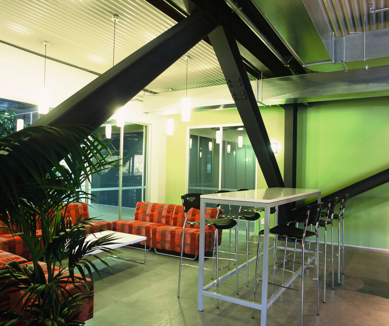 A view of the meeting area, polished concrete architecture, daylighting, interior design, real estate, green