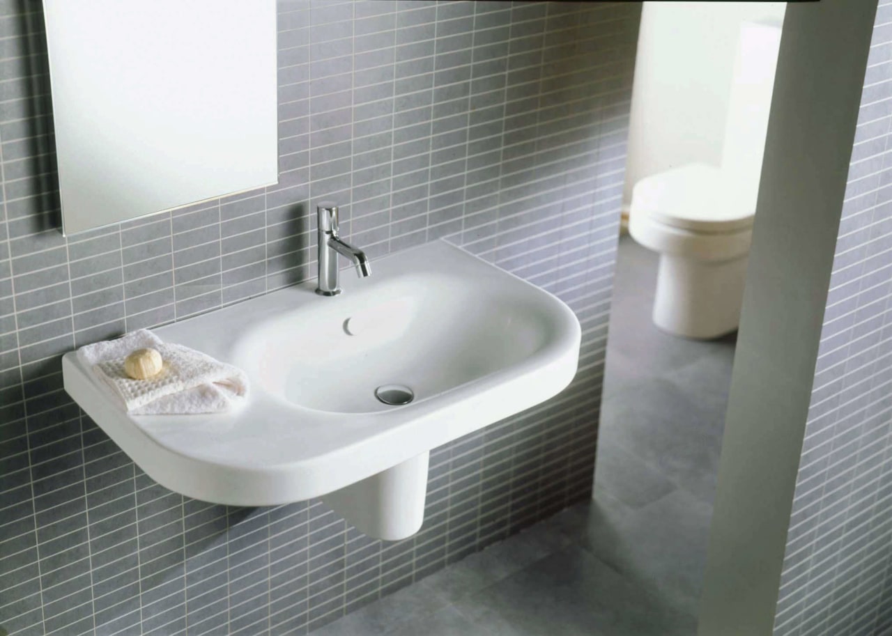 view of the wall mounted michel cesar basin bathroom, bathroom sink, bathtub, bidet, ceramic, floor, plumbing fixture, product design, sink, tap, tile, toilet seat, gray