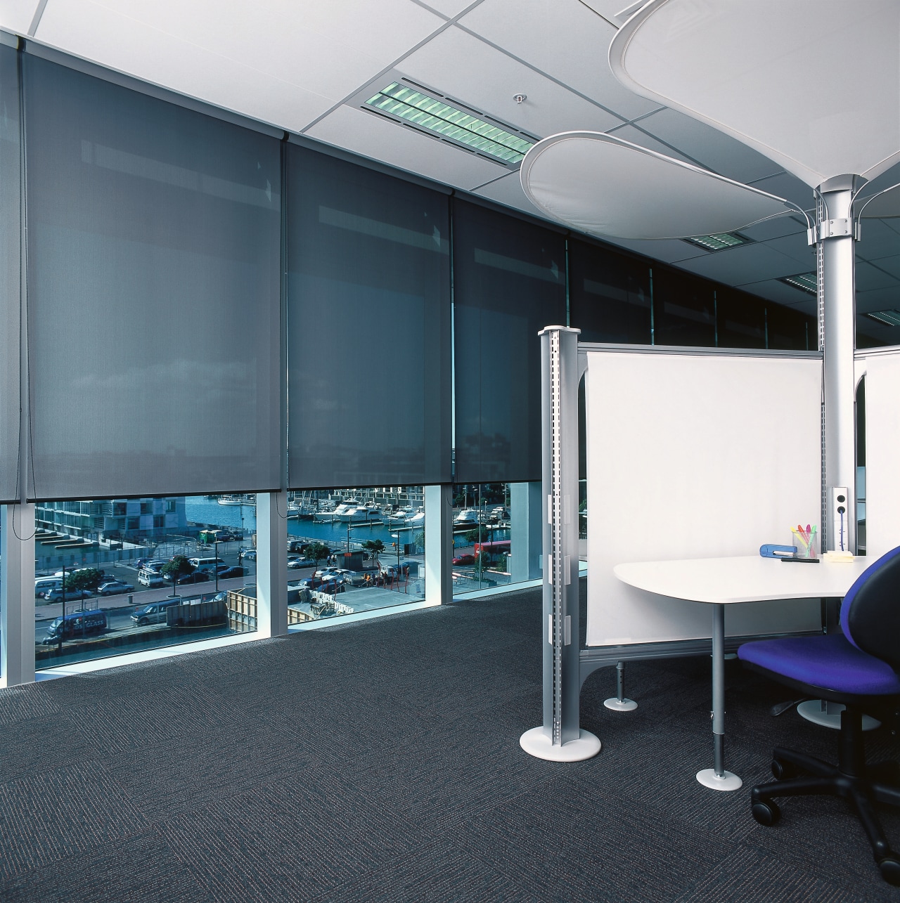 Office area with grey blinds at windows, white glass, interior design, office, product design, gray, black