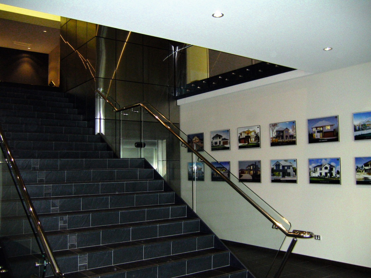 view of the stairway with frameless glass ballustrading architecture, ceiling, glass, handrail, interior design, stairs, black, gray