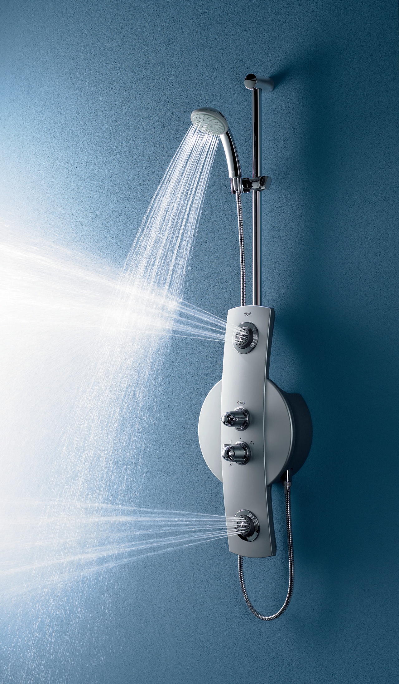 view of the stainless steel aquatower 1000 shower product, product design, teal
