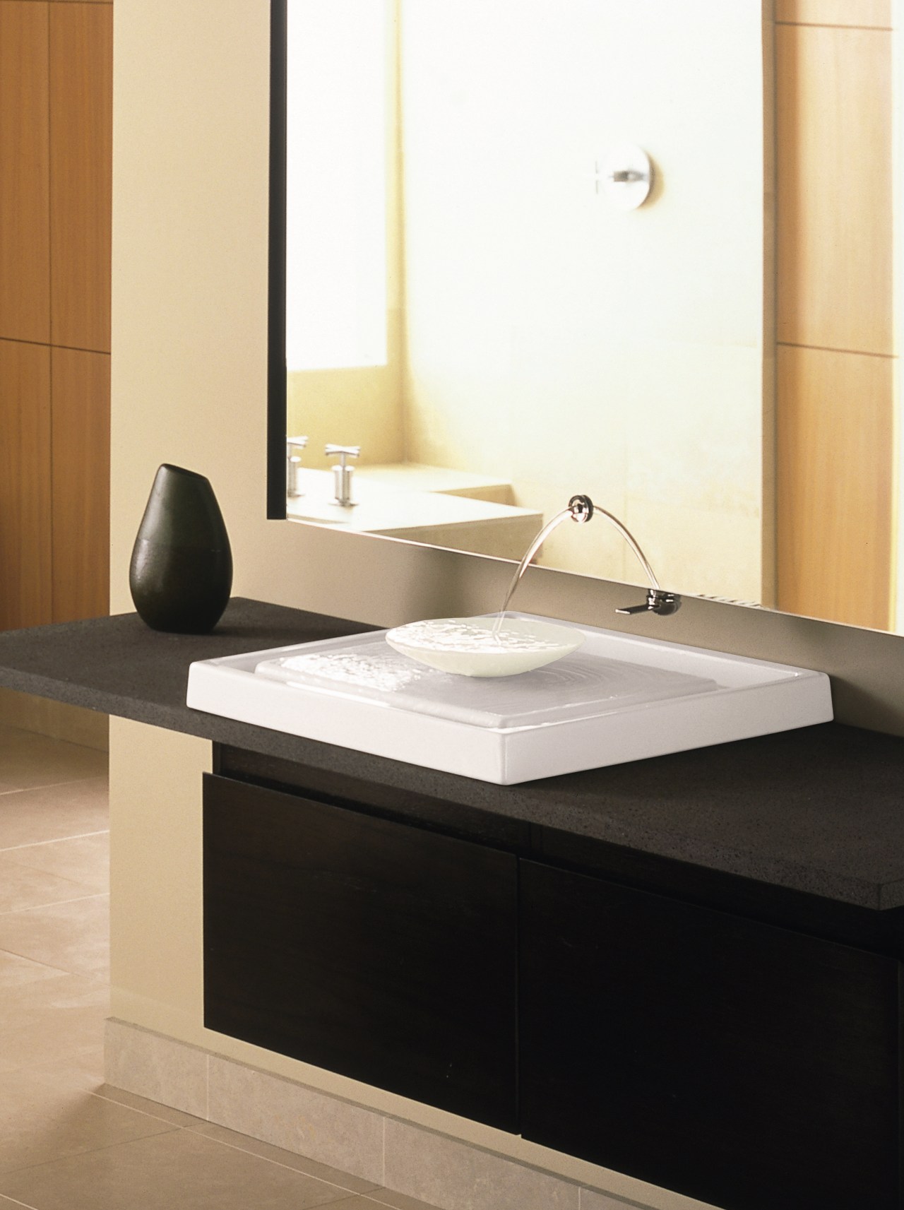 view of the bathroom vanity showing a purist angle, bathroom, bathroom accessory, bathroom cabinet, bathroom sink, ceramic, countertop, floor, furniture, interior design, plumbing fixture, product design, sink, tap, white, black