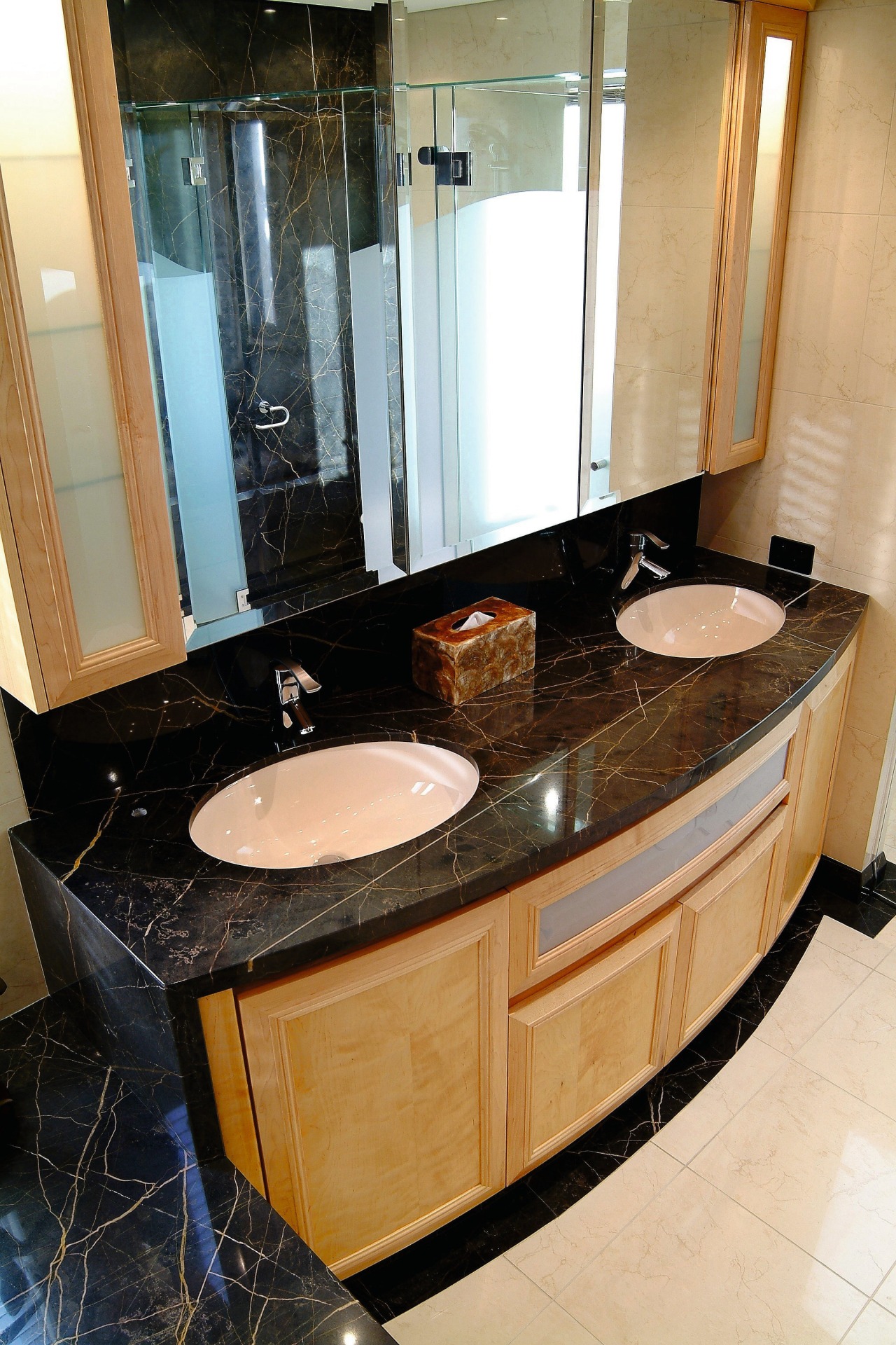 view of the timber vanity with black marble bathroom, countertop, interior design, room, sink, black, orange