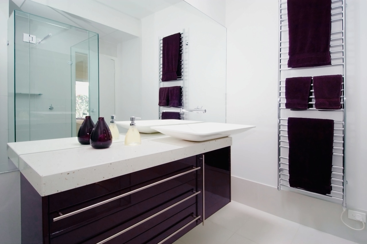 view of this bathroom showing blood red vainty bathroom, bathroom accessory, bathroom cabinet, floor, interior design, product design, room, sink, gray, white