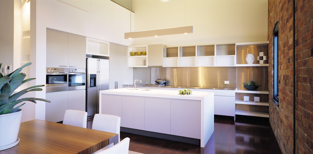 A view of the kitchen and dining areas, cabinetry, countertop, interior design, kitchen, real estate, room, white