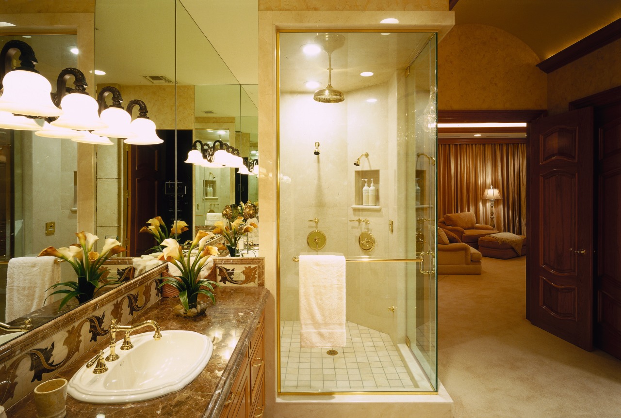 A view of a bathroom, cream carpet, large bathroom, interior design, room, brown, orange