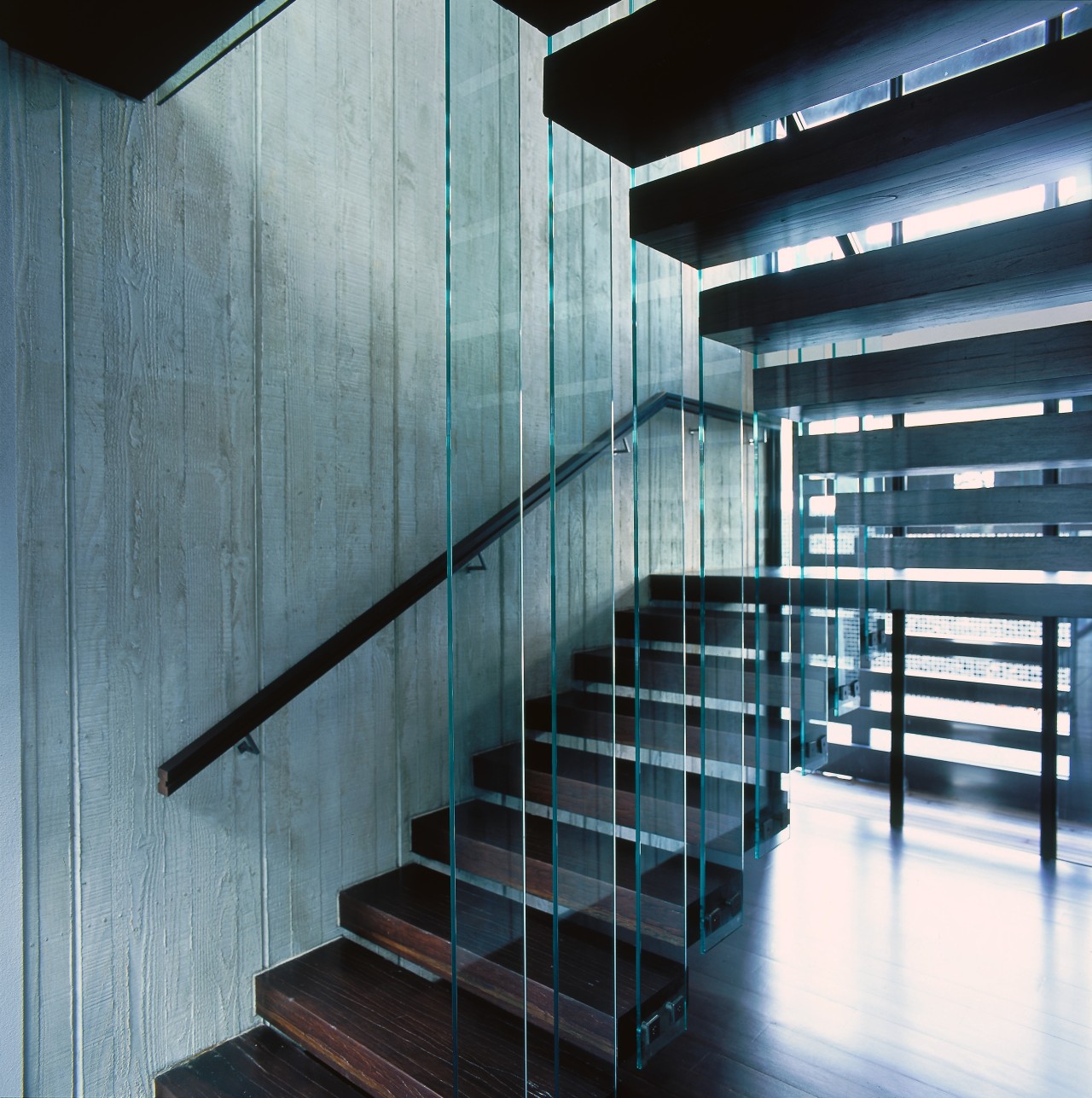 view of the dark stained stairs architecture, daylighting, glass, handrail, interior design, stairs, structure, teal, black, gray