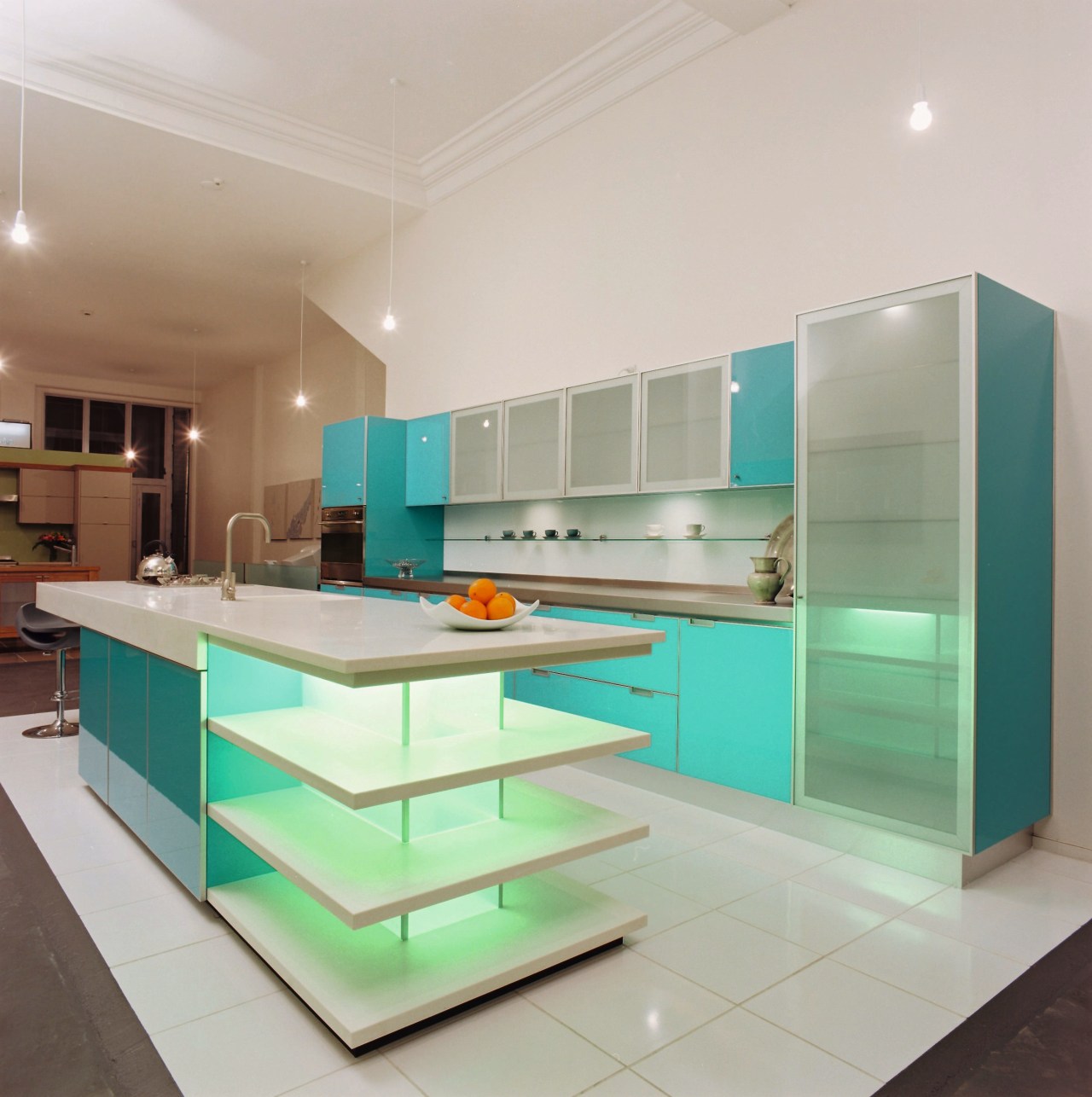 A view of a kitchen area, white tiled countertop, interior design, kitchen, gray