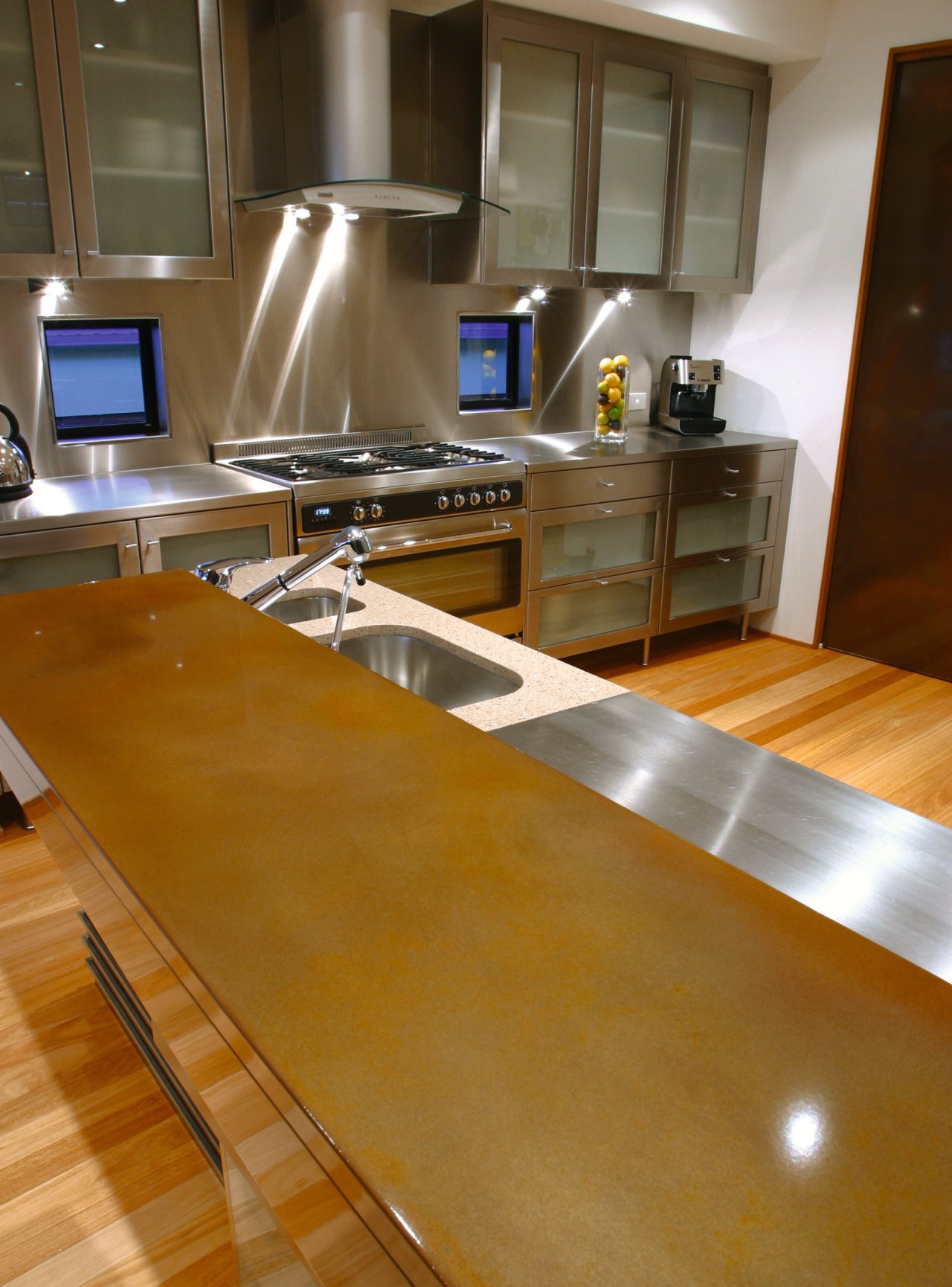 View of copper coloured benchtop over stainless steel countertop, floor, flooring, hardwood, interior design, kitchen, room, table, wood, wood flooring, brown