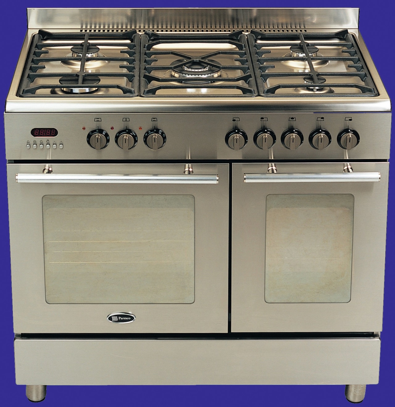 A view of a large stainless steel oven gas stove, home appliance, kitchen appliance, kitchen stove, major appliance, oven, product, gray