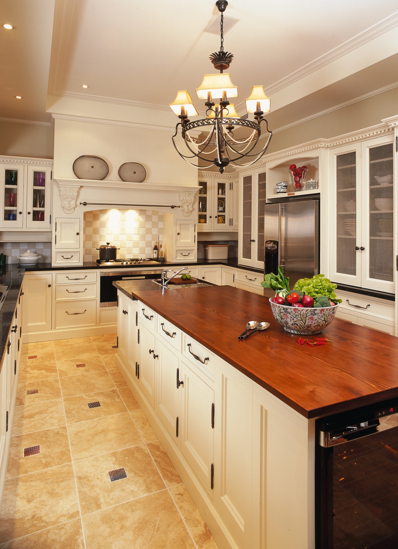 Traditional style kitchen with cream cabinetry, timber benchtop cabinetry, ceiling, countertop, cuisine classique, floor, flooring, hardwood, home, interior design, kitchen, room, wood flooring, orange