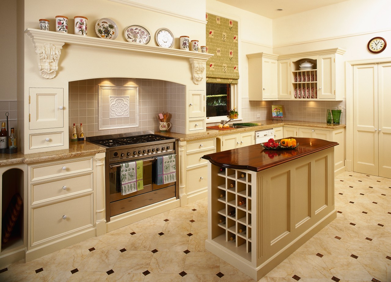 Traditional kitchen with cream cabinetry, stone and timber cabinetry, countertop, cuisine classique, floor, flooring, hardwood, interior design, kitchen, room, wood flooring, orange, brown, yellow