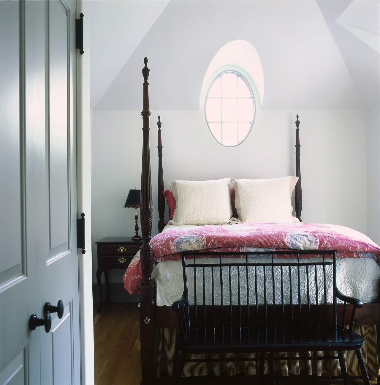 A view of a bedroom, wooden flooring, bed bed, bed frame, bedroom, ceiling, floor, furniture, home, interior design, mattress, product, real estate, room, wall, window, white, gray