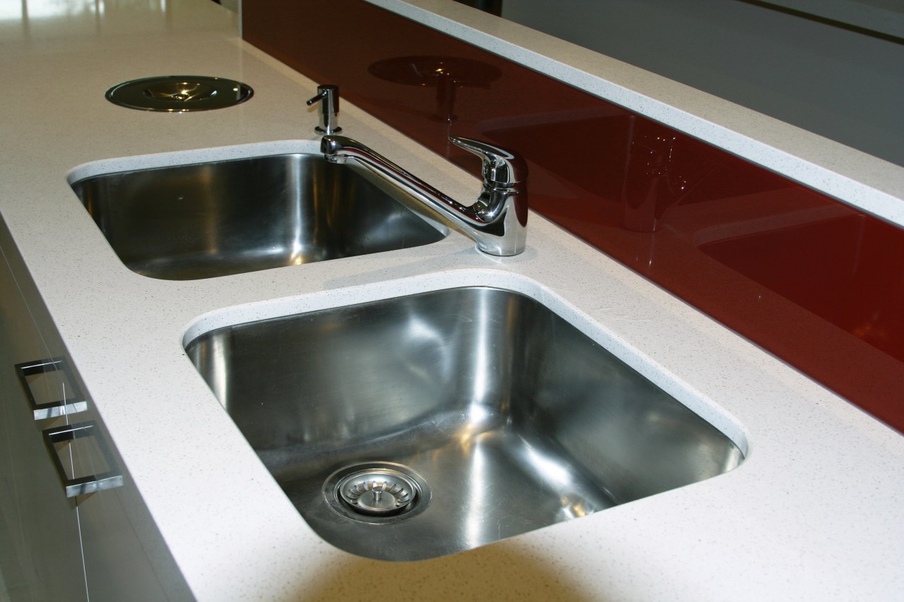 View of kitchen sinks, light coloured stone benchtops, bathroom sink, countertop, hardware, kitchen sink, plumbing fixture, product design, sink, tap, gray