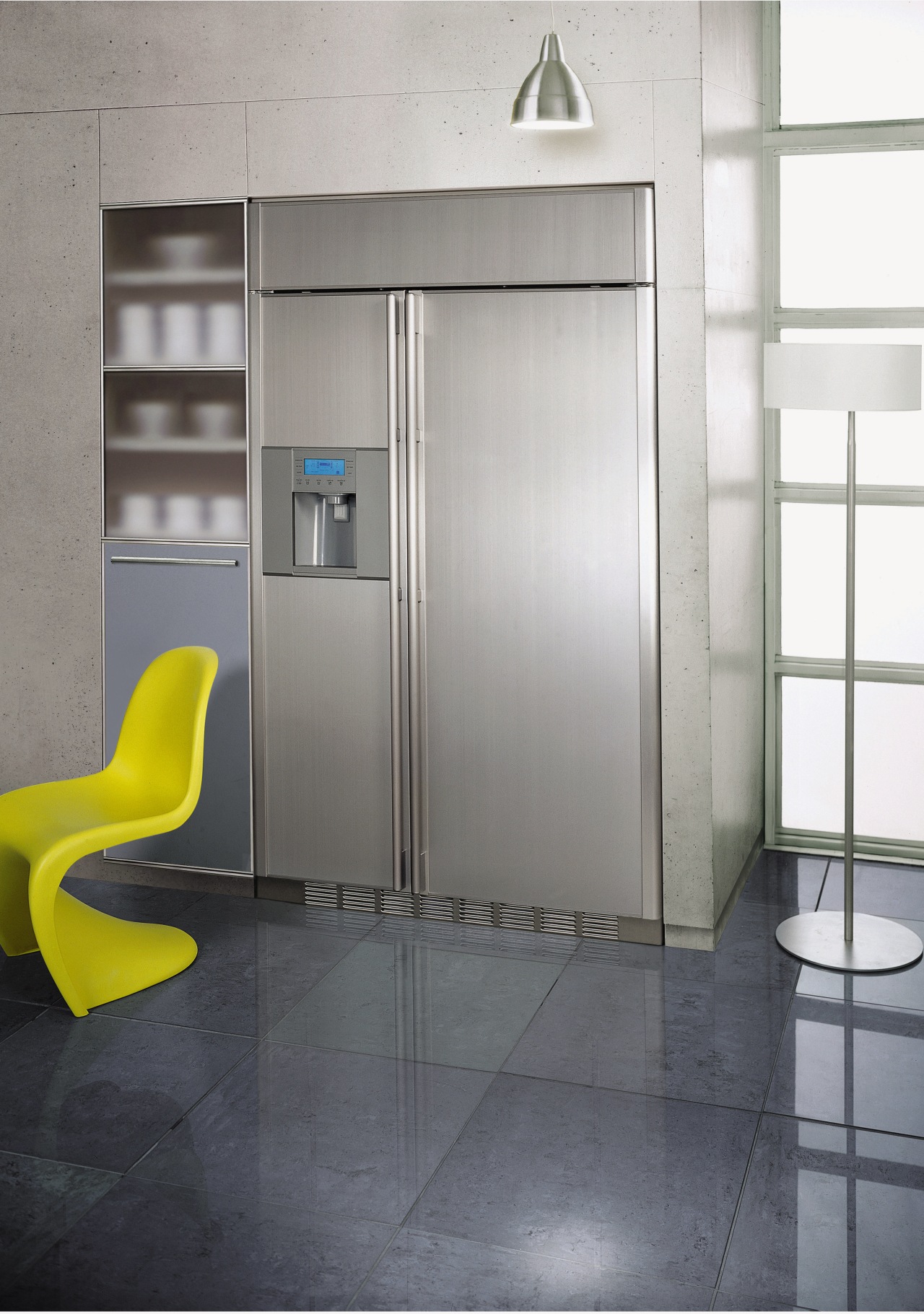 view of this samsung side by side refrigerator floor, flooring, furniture, interior design, product design, wall, gray, white