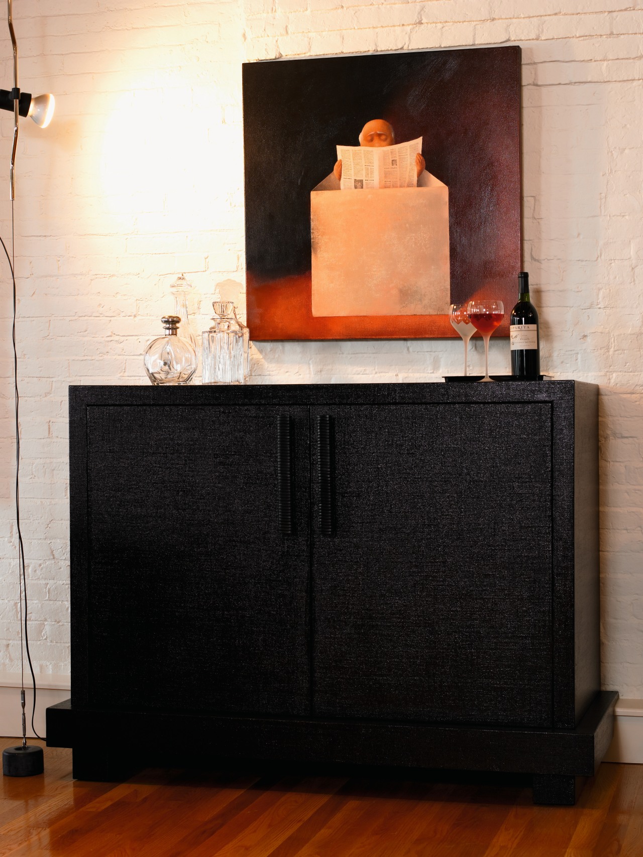 view of the drybar made by woodmeister chest of drawers, floor, furniture, hardwood, hearth, sideboard, wall, wood stain, black, white