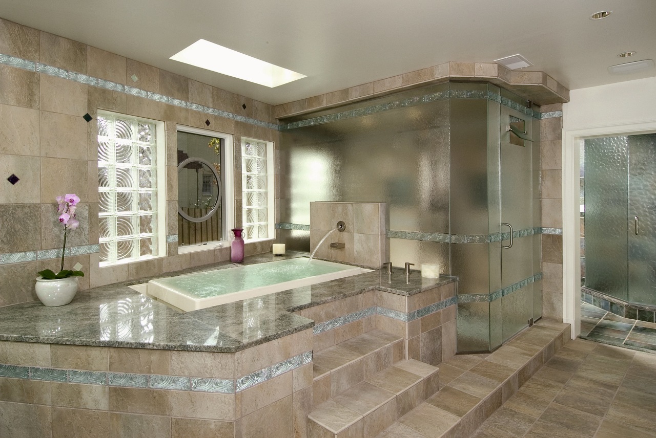 view of the sunken bath set in raised bathroom, bathtub, estate, floor, home, interior design, real estate, room, tile, gray, brown