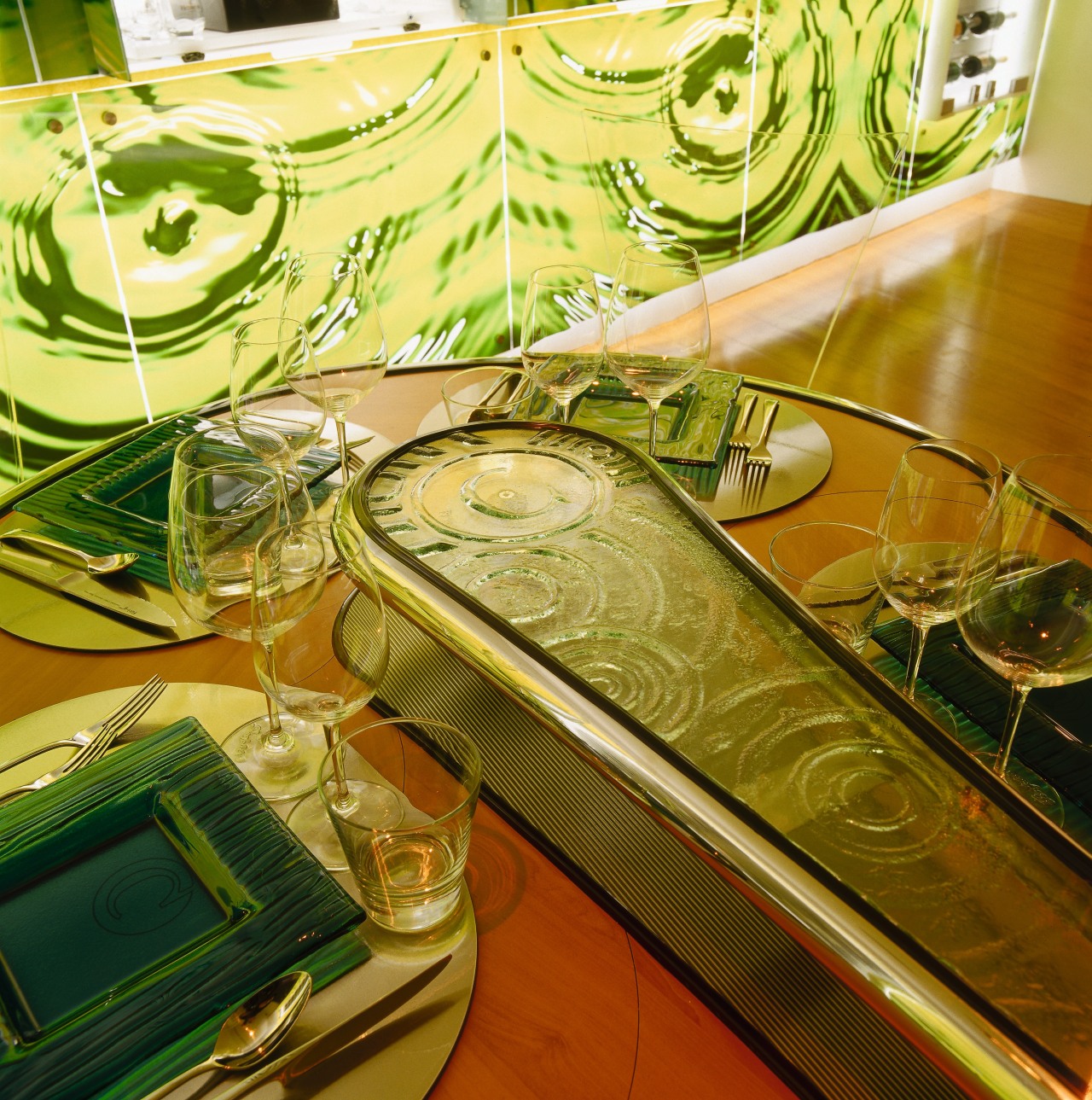 Restaurant table with tear shaped glass centrepiece, table glass, green, material, table, yellow, brown