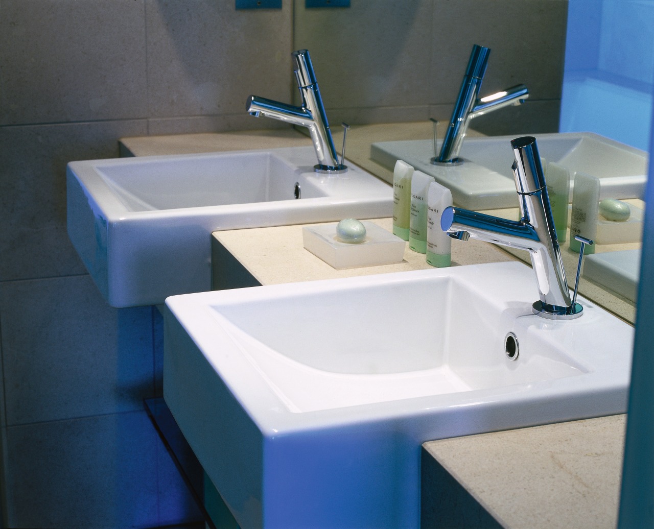 View of twin semi recessed square basins with bathroom, bathroom sink, bidet, plumbing fixture, product, product design, sink, tap, gray