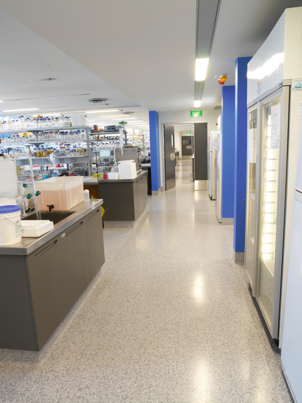 View of laboratory with speckled flooring and blue floor, flooring, institution, interior design, gray